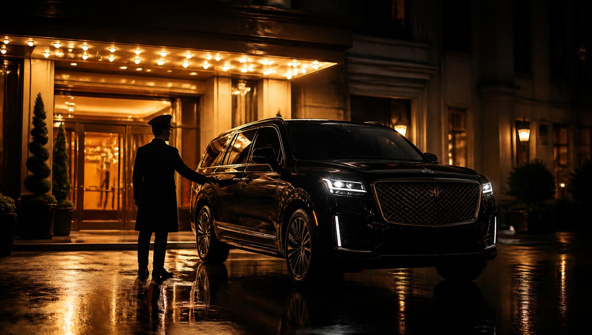 Black luxury SUV arriving at a five-star hotel entrance at night